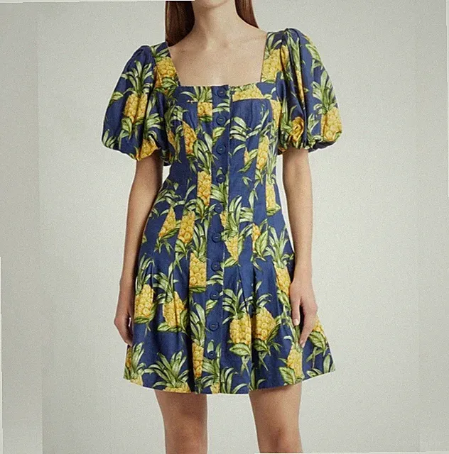 Farm Rio Pineapple Print Puff Sleeve Button Front Mini Dress Navy Blue Size M