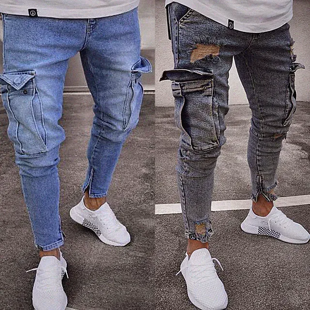 Men's Skinny Jeans Stretch Slim Fit Pants Bike Jeans Cargo Pants Pockets Ripped