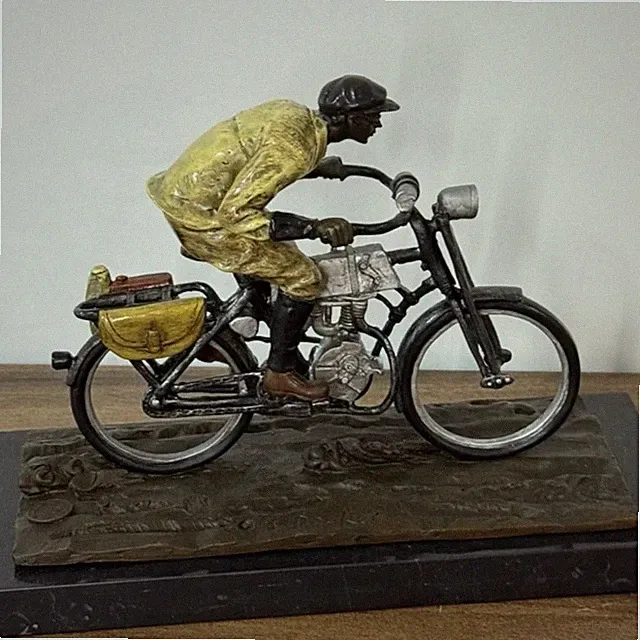 Motorcycle Statue Bronze Motorbike Sculpture Marble Decor Man Sport Art Gift