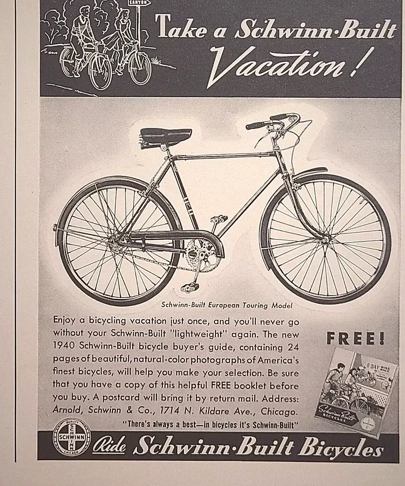 Schwinn-Built Bicycle Lightweight European Touring Guide Vintage Print Ad 1940