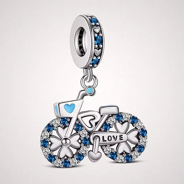 Sparkling Bicycle & Love Dangle Charm Fit Bracelet Necklace, 925 Sterling Silver