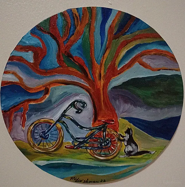 The Cat and the Bicycle, oil on canvas original painting by Marina Gershman D12"