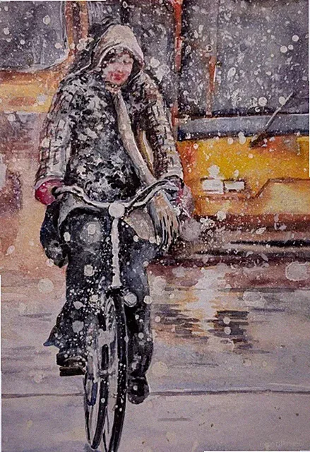 Urban Winter City Scene Watercolor Painting Woman on Bicycle in Snow A4 Art