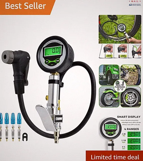 Versatile Air Chuck for Bike Tire Inflation with Digital Gauge and Accessories