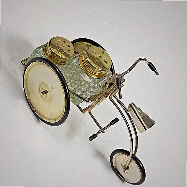 Vintage Mid-Century Tricycle Salt & Pepper Shakers Set Brass & Glass 13cm